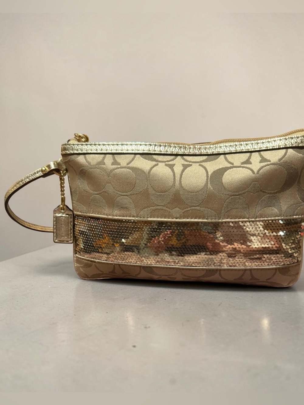 Coach Beige Signature Large Wristlet with Gold Sequin Stripe with Gold Hangtag